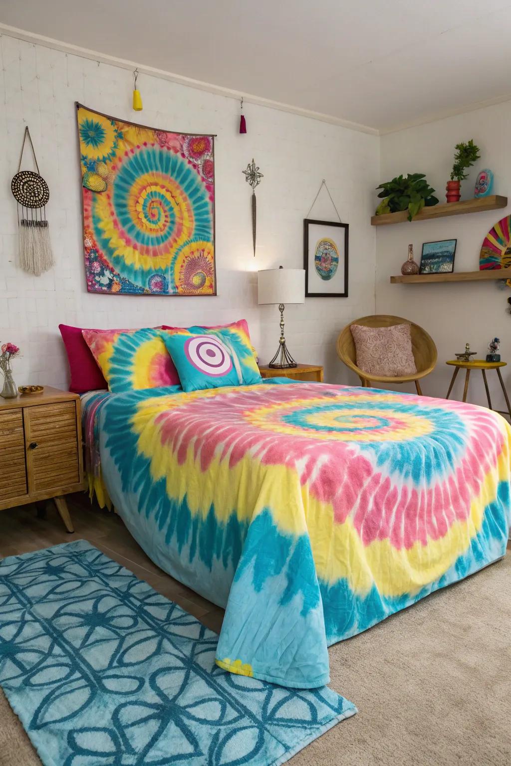 A tie-dye bedspread adds a playful and artsy touch to the bedroom.