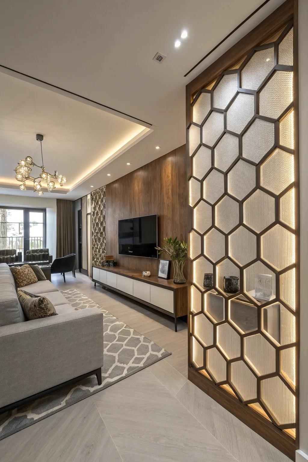 Geometric wall panels adding a modern architectural look to a TV wall.