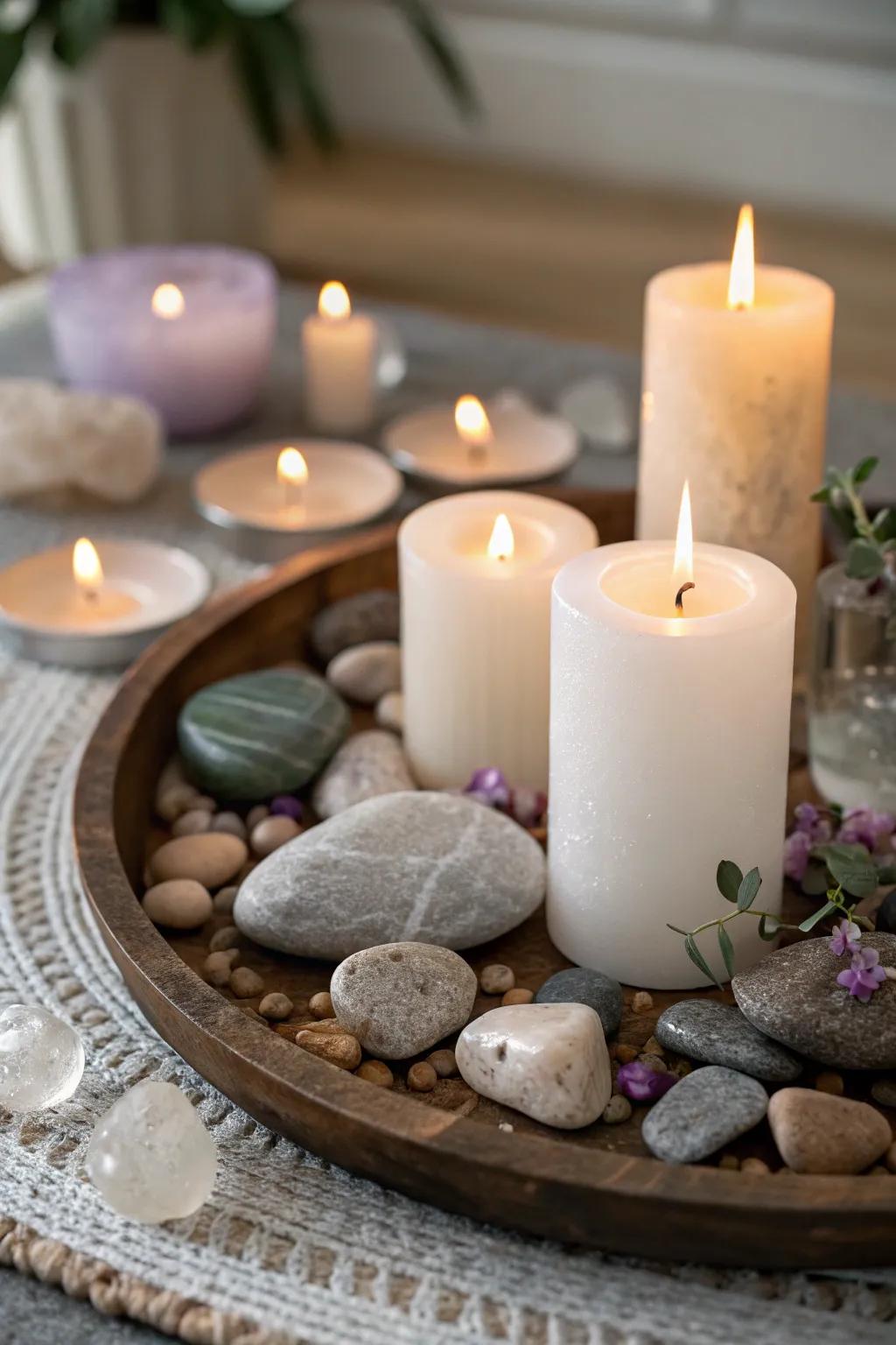 Earthy candles surrounded by natural stones for a calming display.