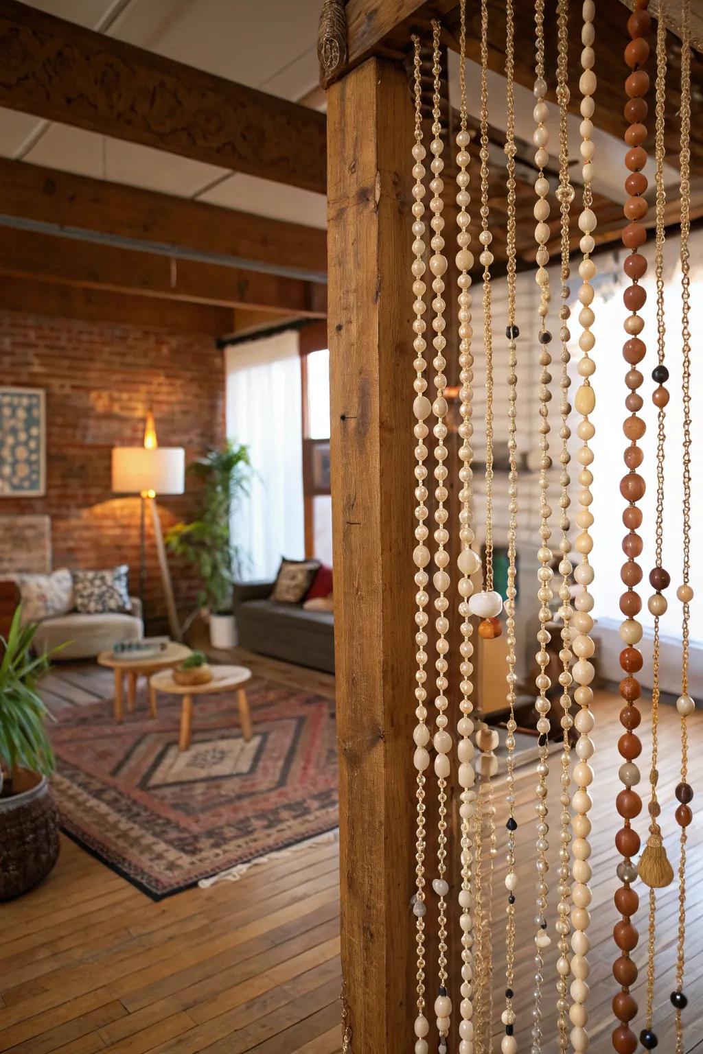 A playful beaded curtain designed with wooden beads.