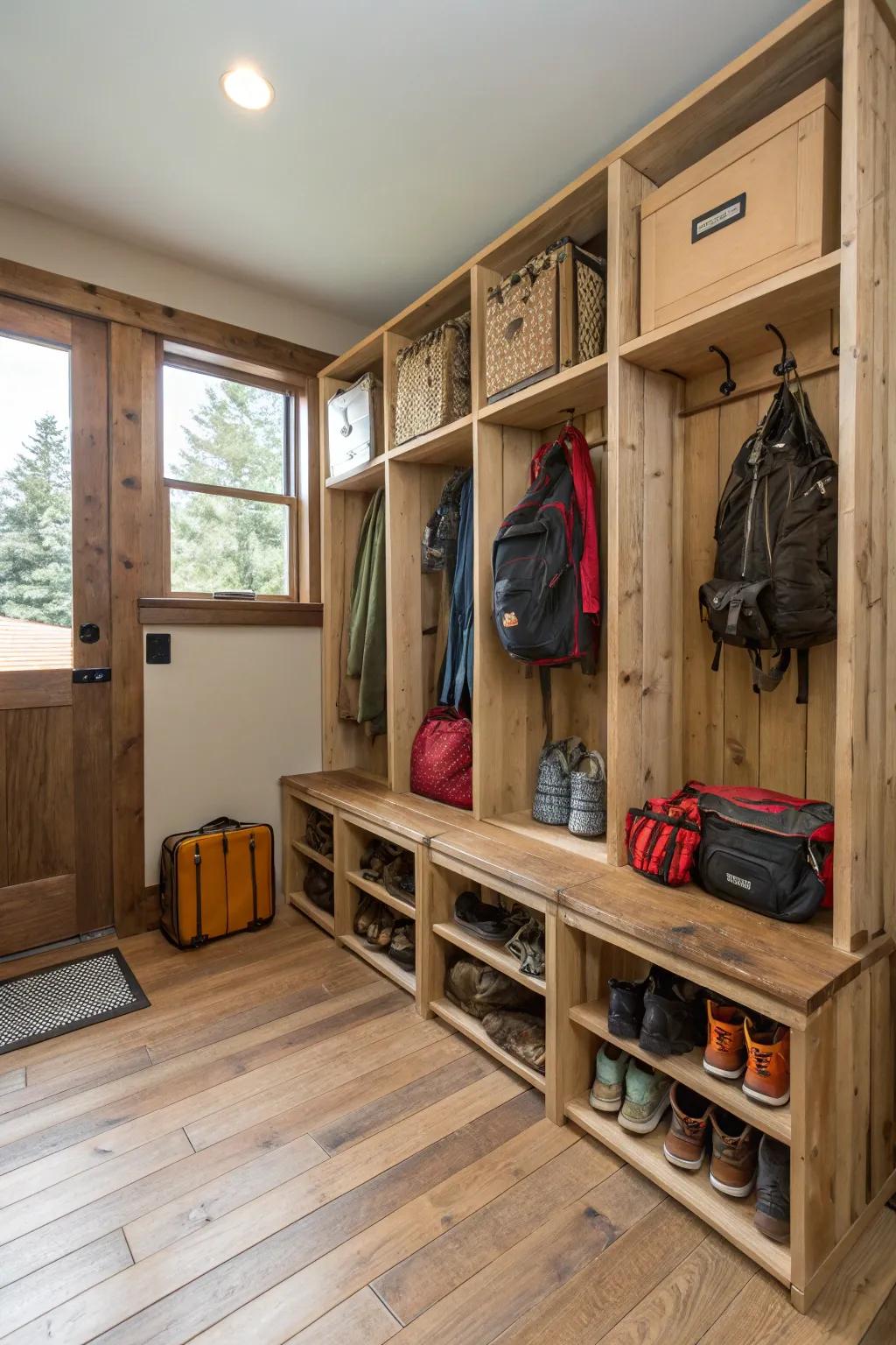 Wooden crates provide organized storage in the mudroom.