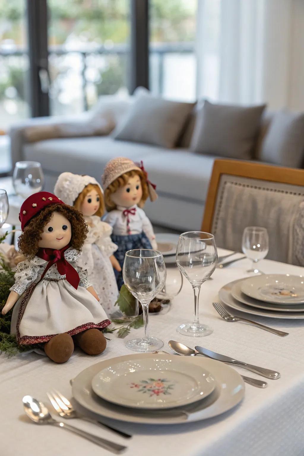 Dolls crafted into a charming centerpiece for the dining table.