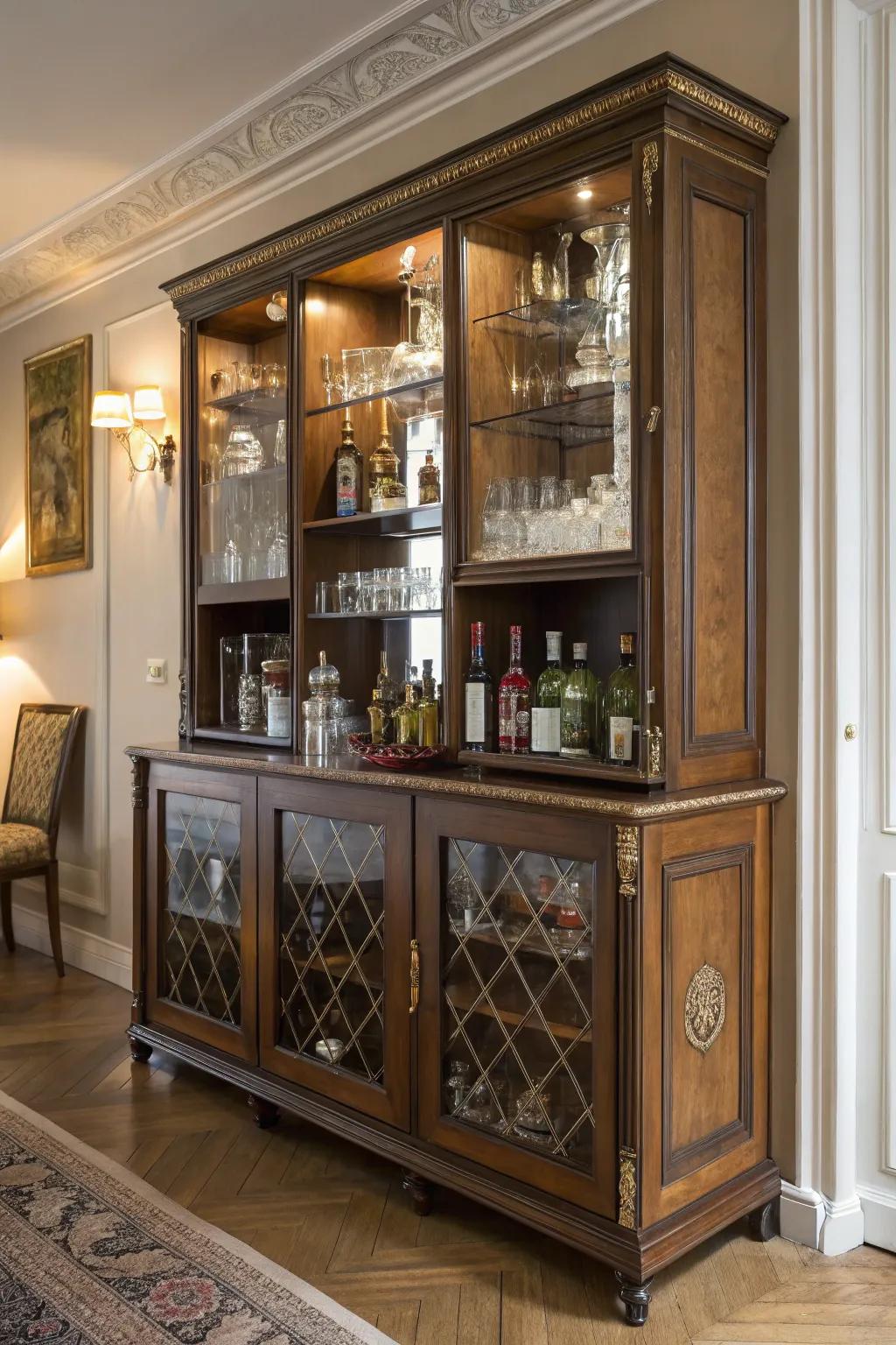 A sideboard transforms into a stunning liquor cabinet centerpiece.