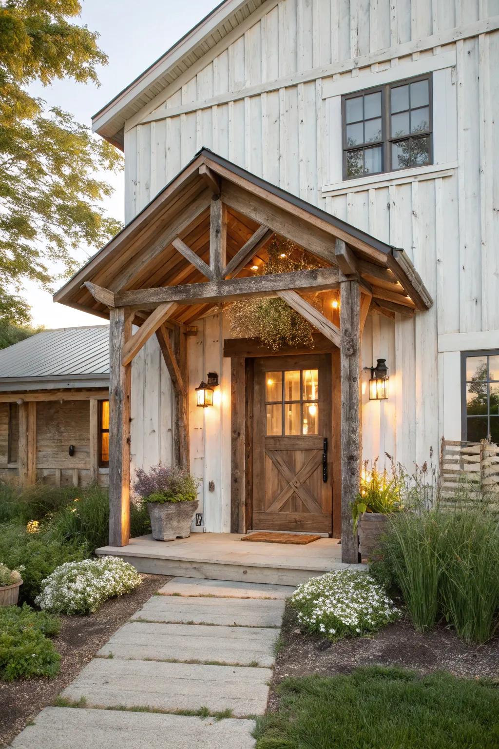 Reclaimed wood canopies add history and warmth to any entrance.