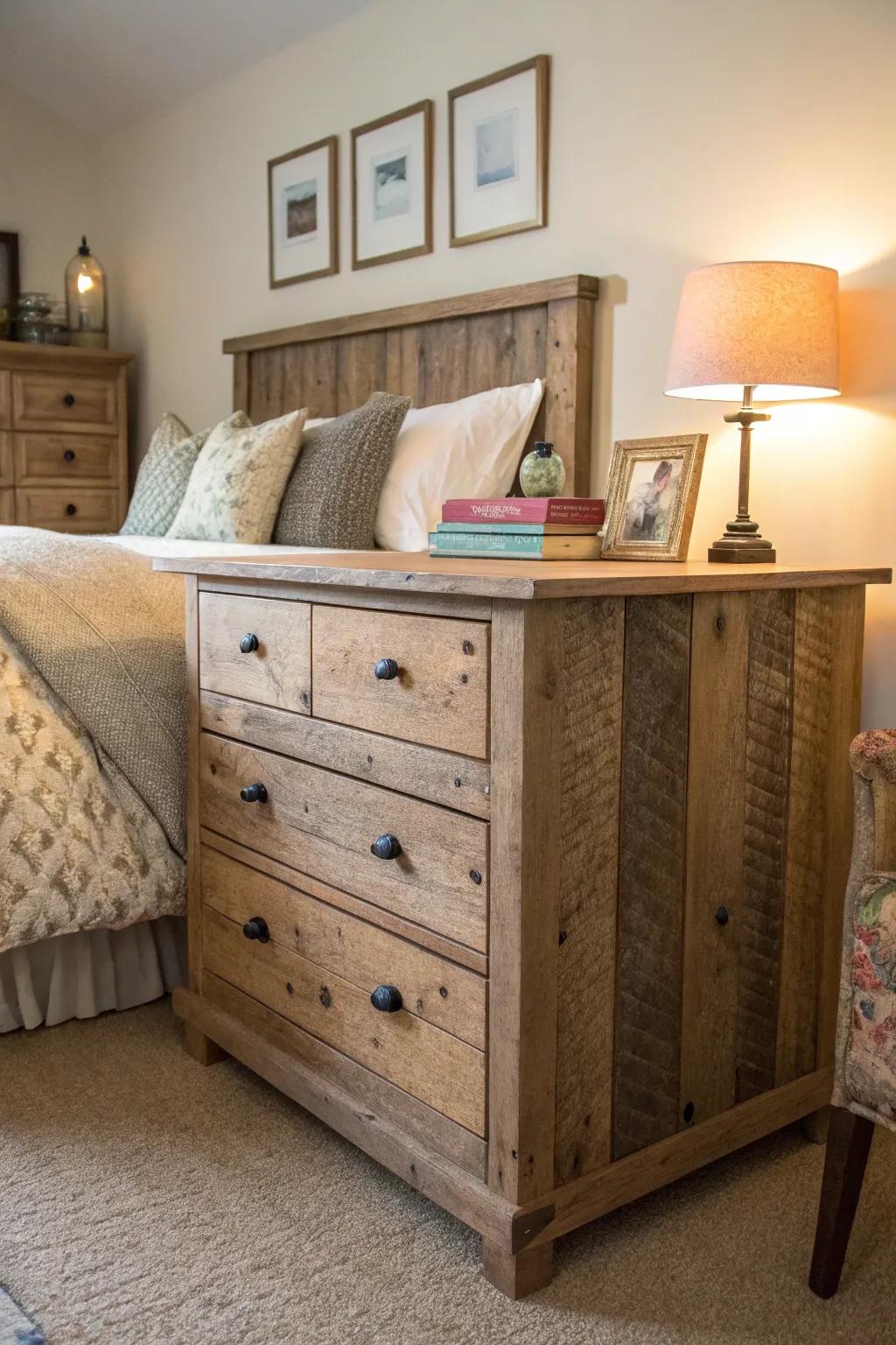 A rustic dresser crafted from reclaimed wood adds warmth and texture.