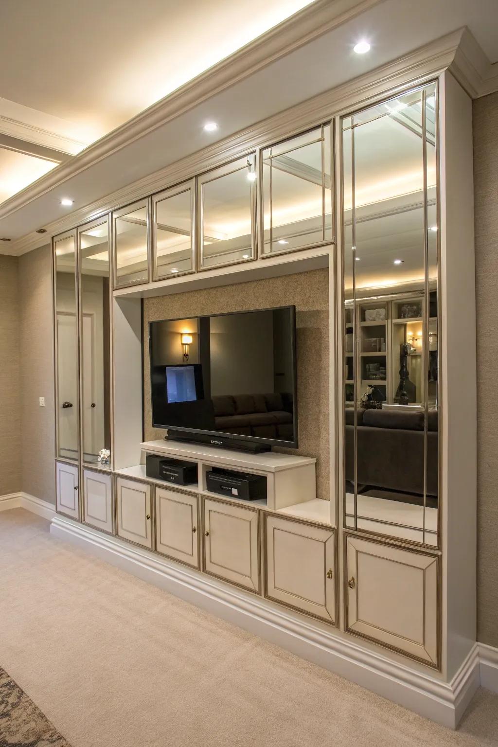 Mirrored panels add depth and elegance to this entertainment center.