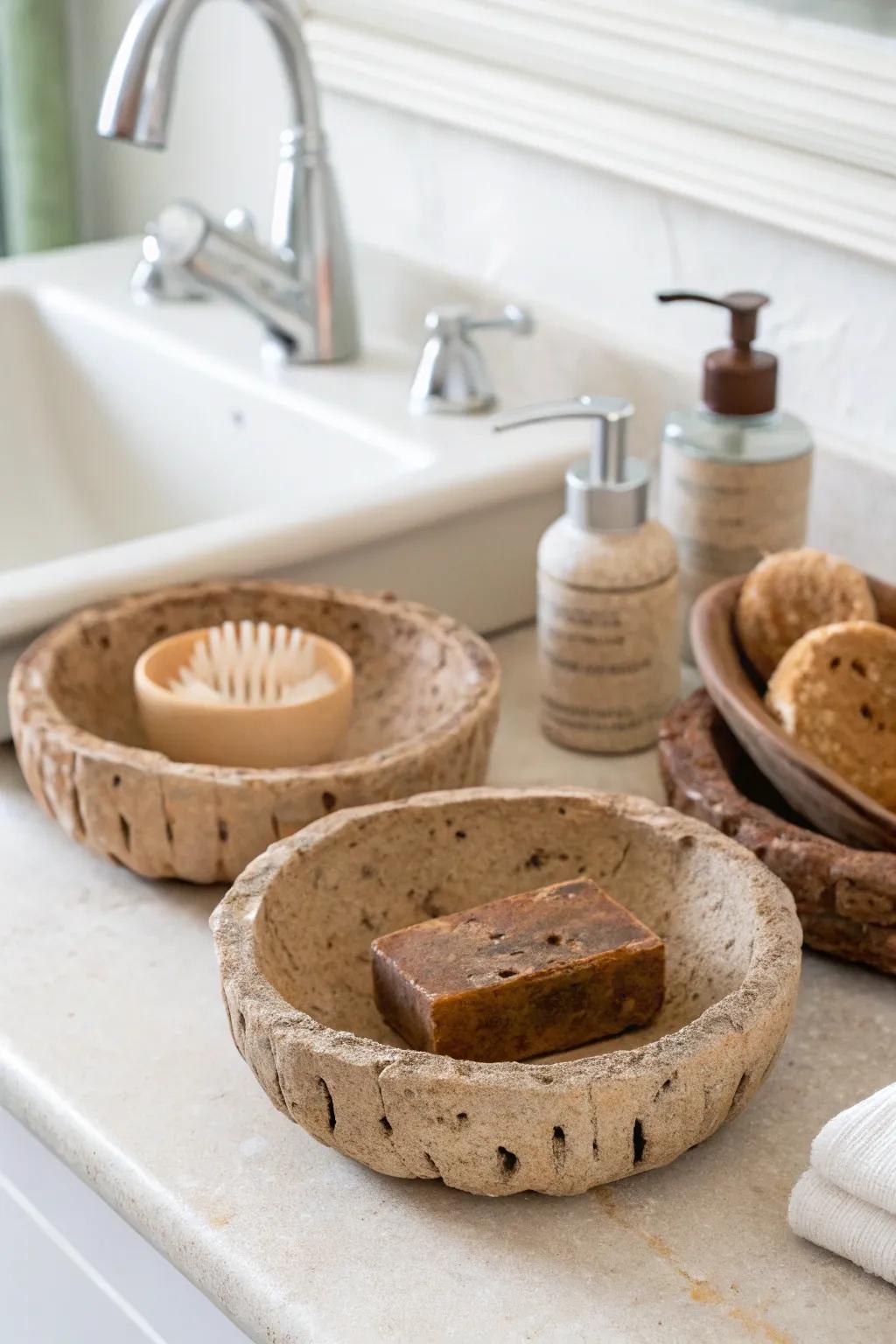 Rustic soap dishes crafted from excavator clay, adding charm to a bathroom vanity.