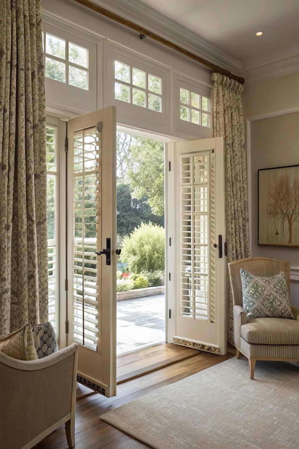 Stylish shutters with fabric inserts providing privacy and customization.