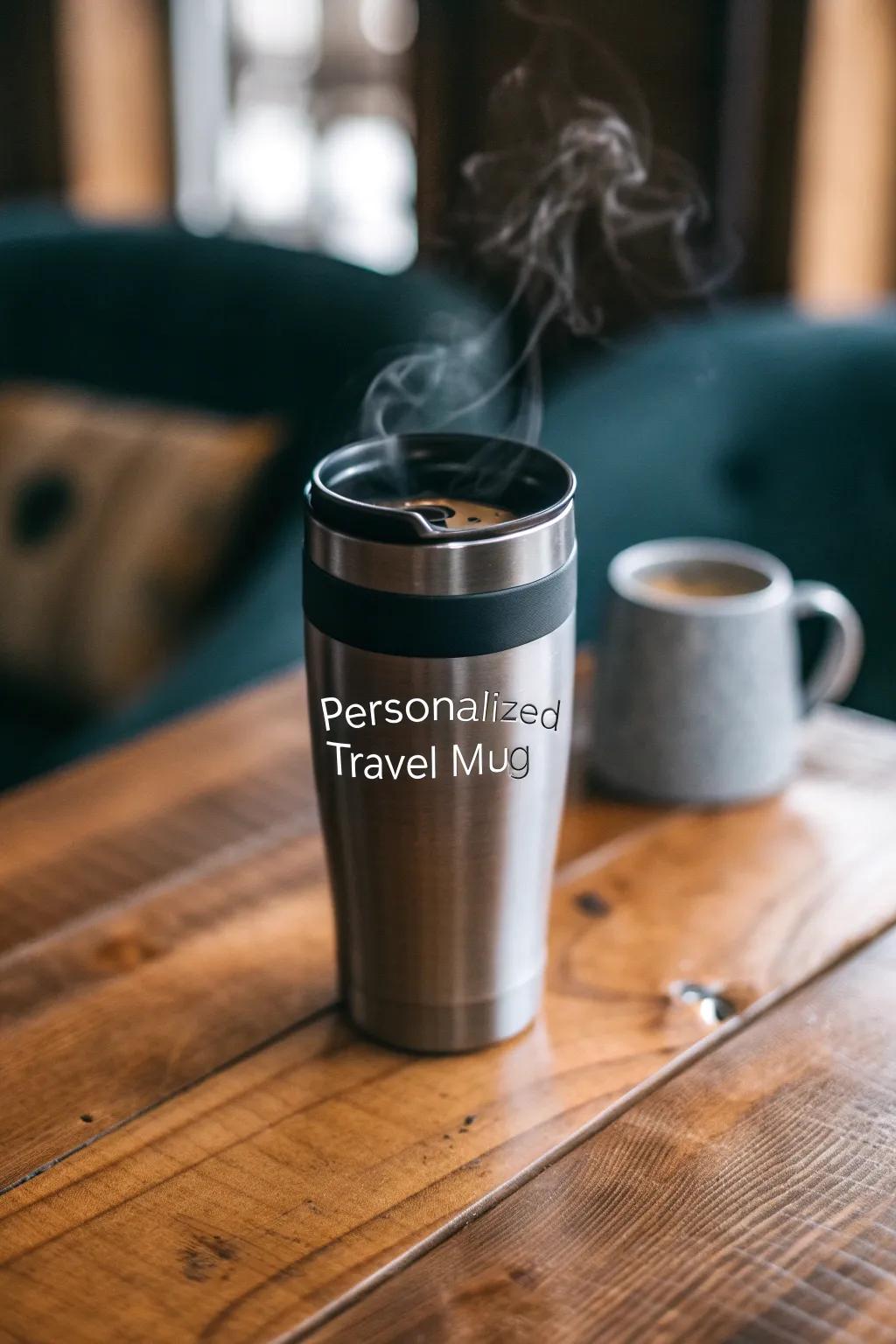 Keep beverages warm with a personalized travel mug made for adventures.