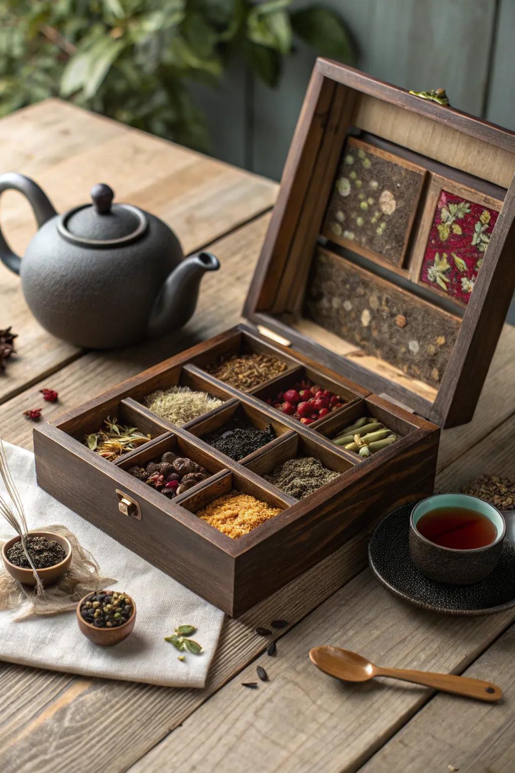 An artisan tea box, offering a cozy and flavorful journey through different tea blends.