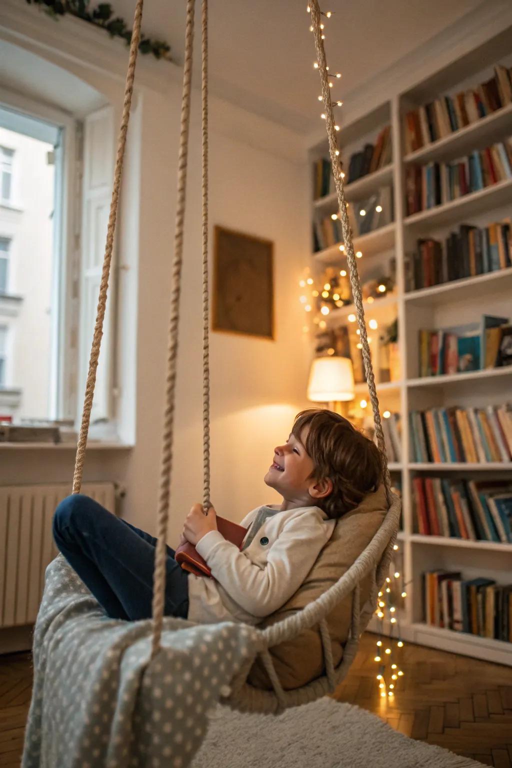 A cozy indoor swing perfect for reading and relaxation.