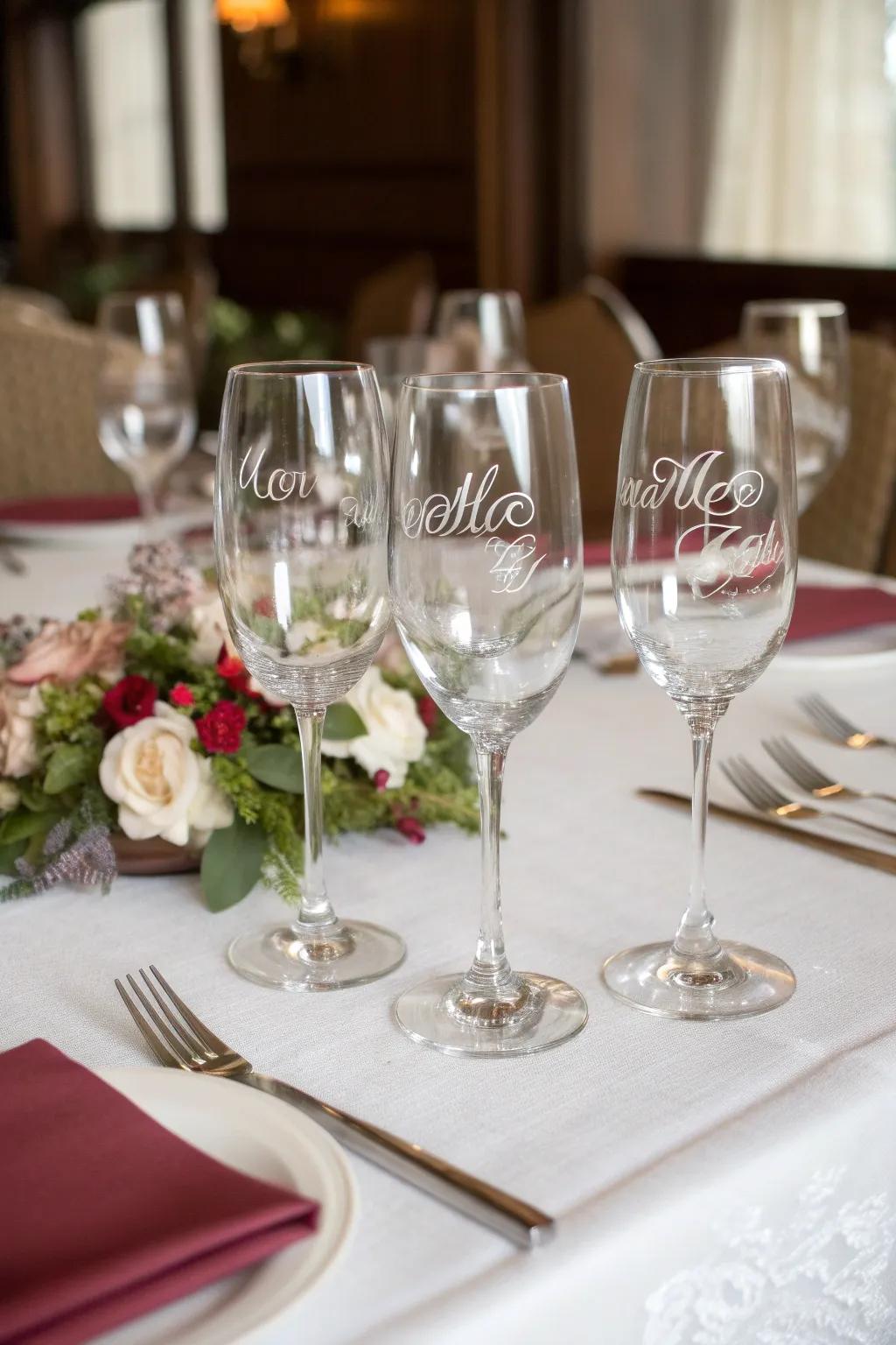 Toast to success with personalized wine glasses.