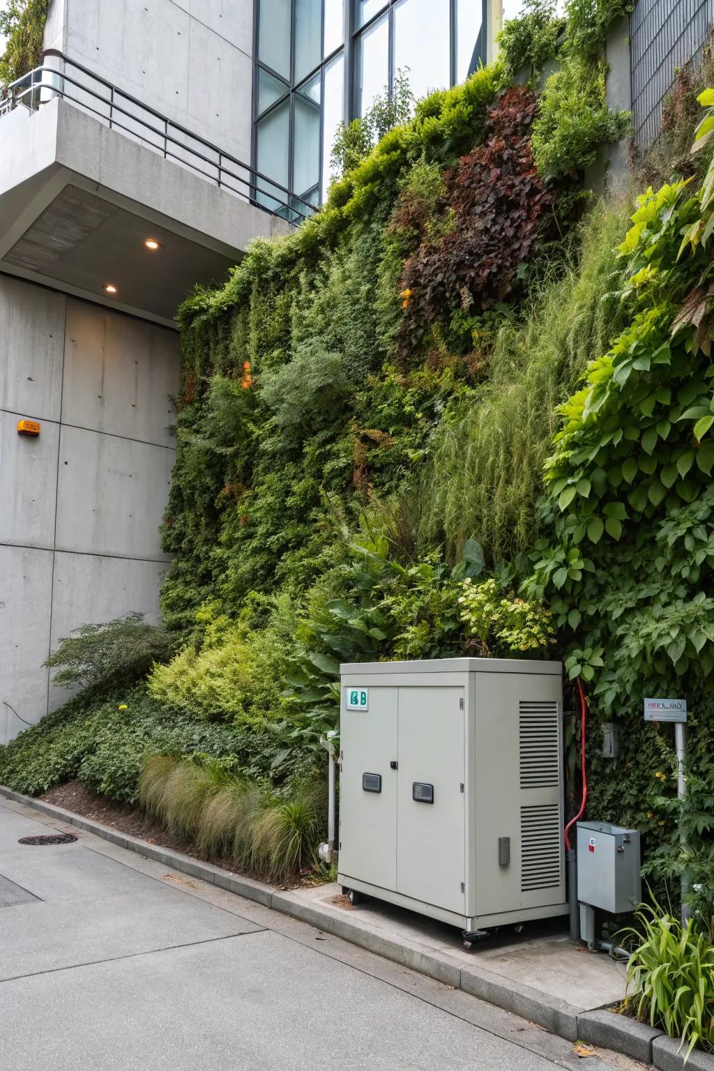 A lush living wall adds greenery and hides the generator effectively.