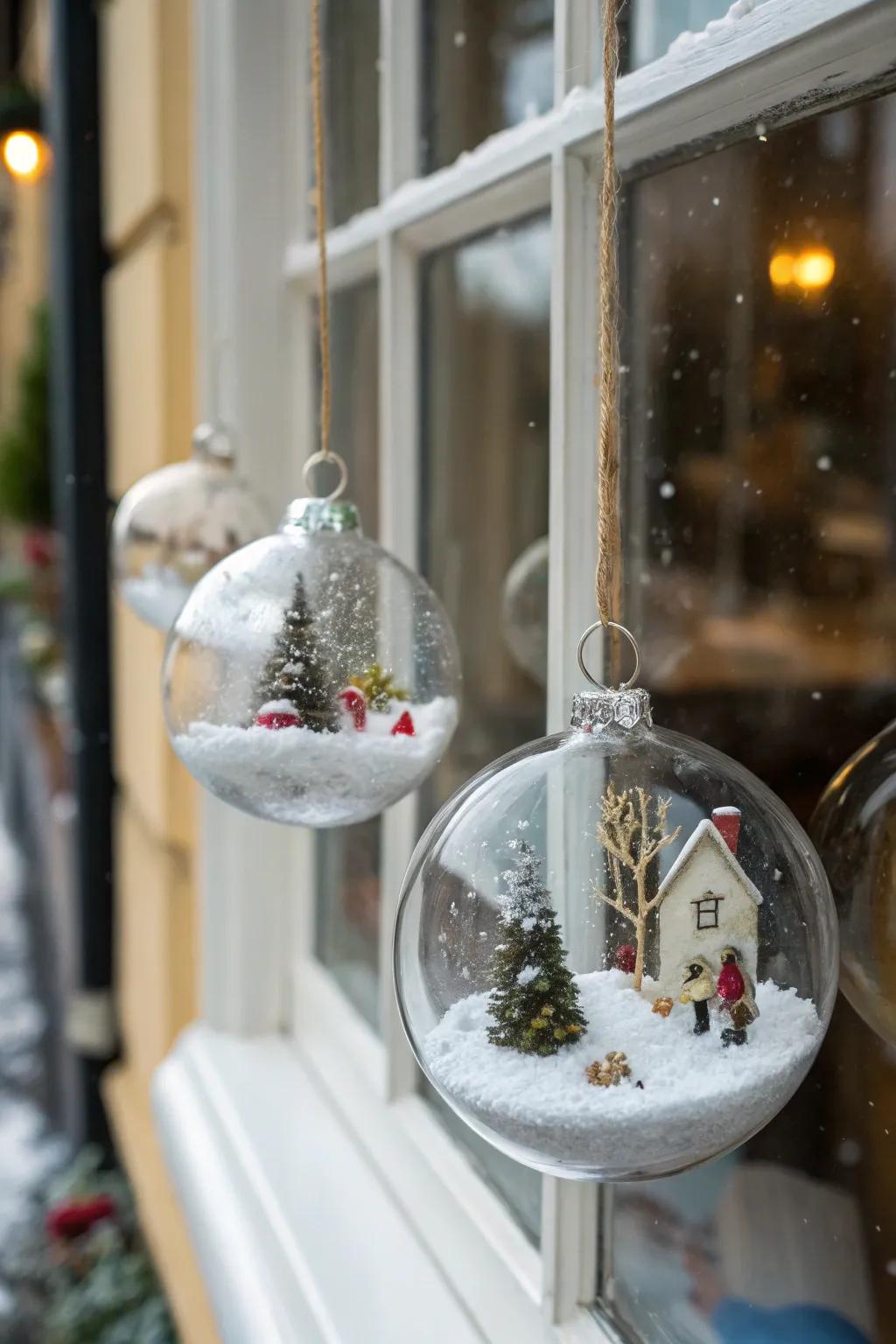 A snow globe effect with glass ornaments in a window.