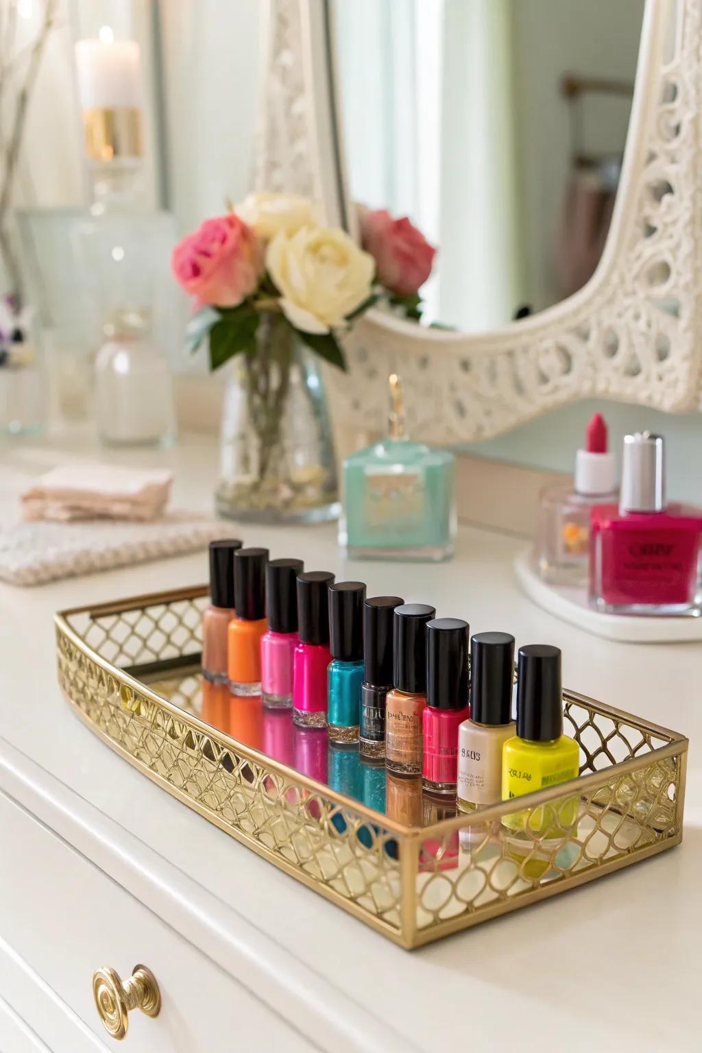 A decorative tray provides an elegant solution for organizing nail polish.