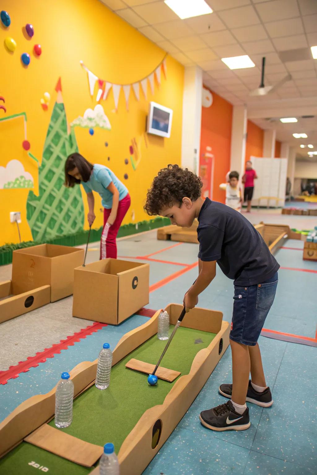 Creative indoor mini golf setup for a birthday party.