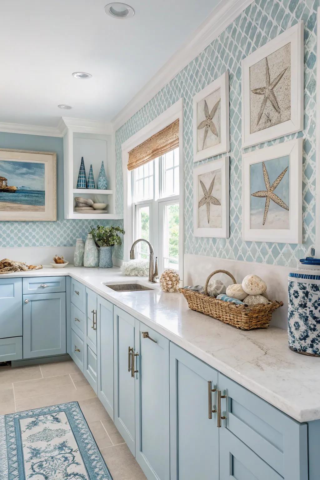 An airy kitchen with cool icy blue tones.