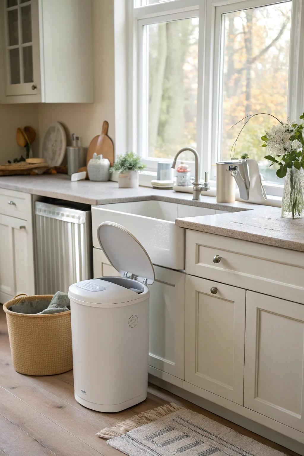 A soft-close lid trash can providing a quiet and graceful touch.