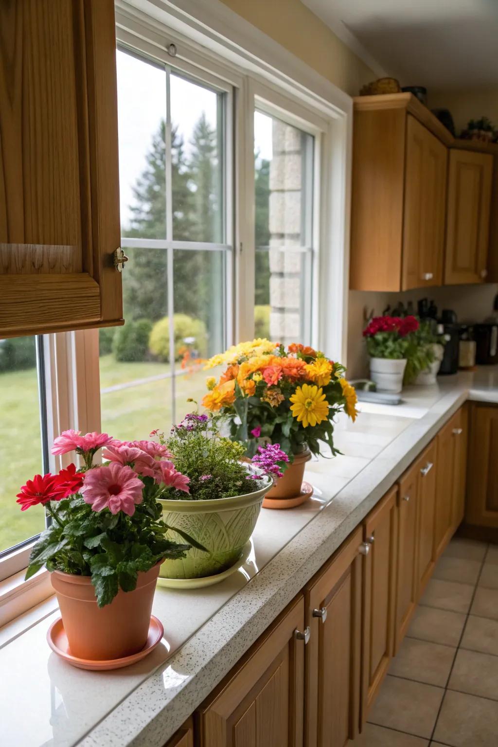 Potted flowers brighten the kitchen window area with natural beauty.