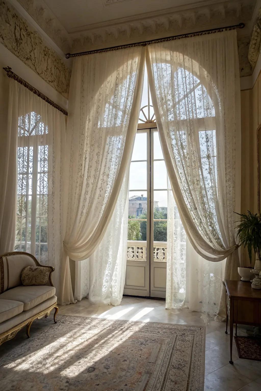 Ceiling-high lace curtains add perceived height.