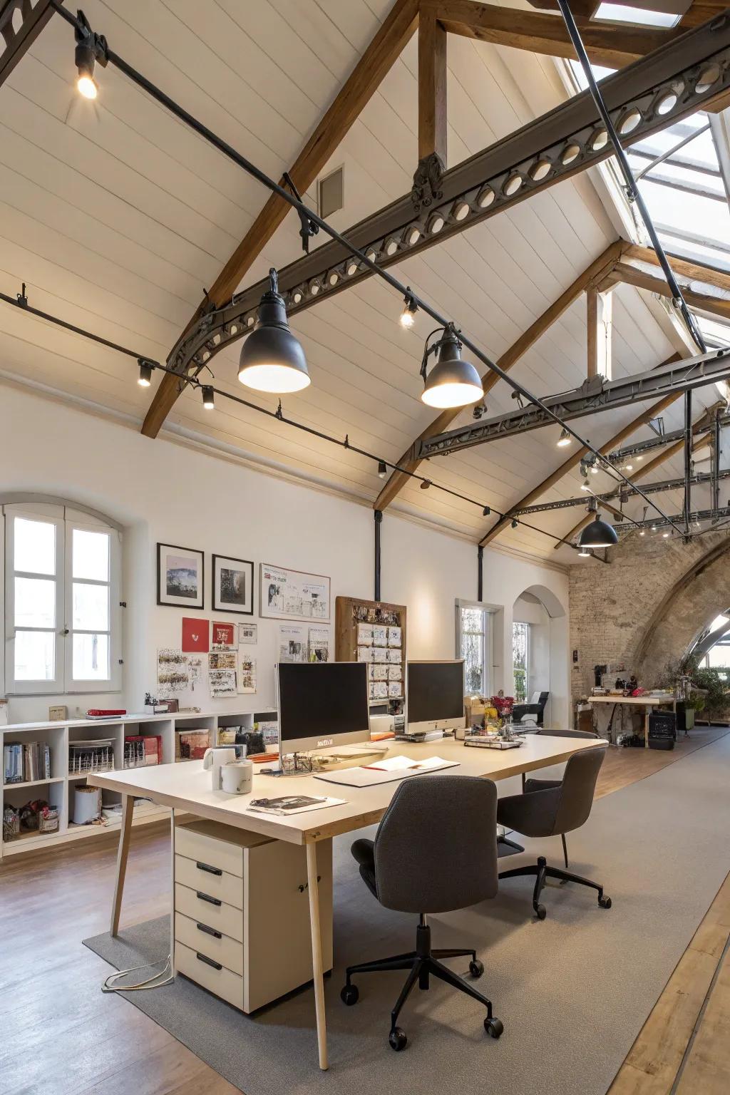 Adjustable fixtures provide flexibility in a vaulted ceiling workspace.