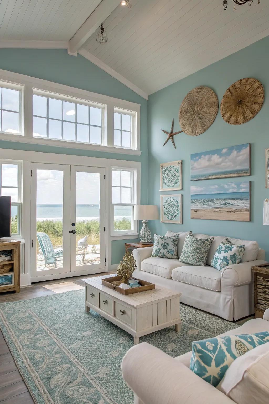 Sky blue walls bring a playful and tranquil atmosphere to this living room.