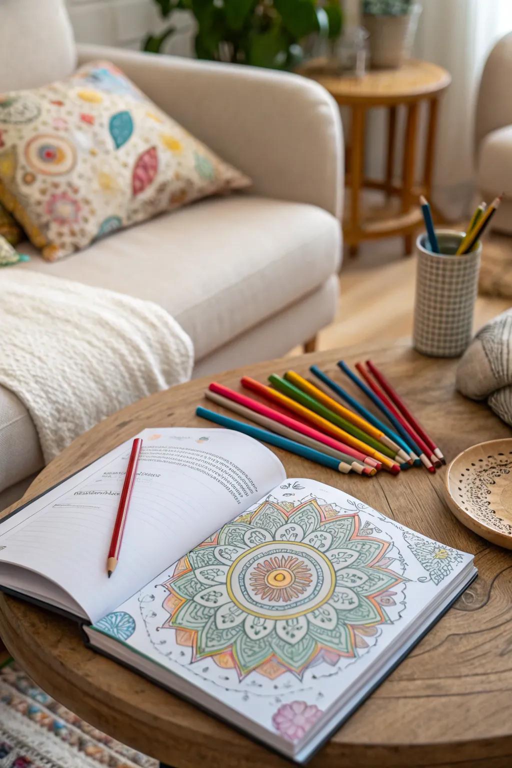 A mindful coloring book offers a creative escape for relaxation.