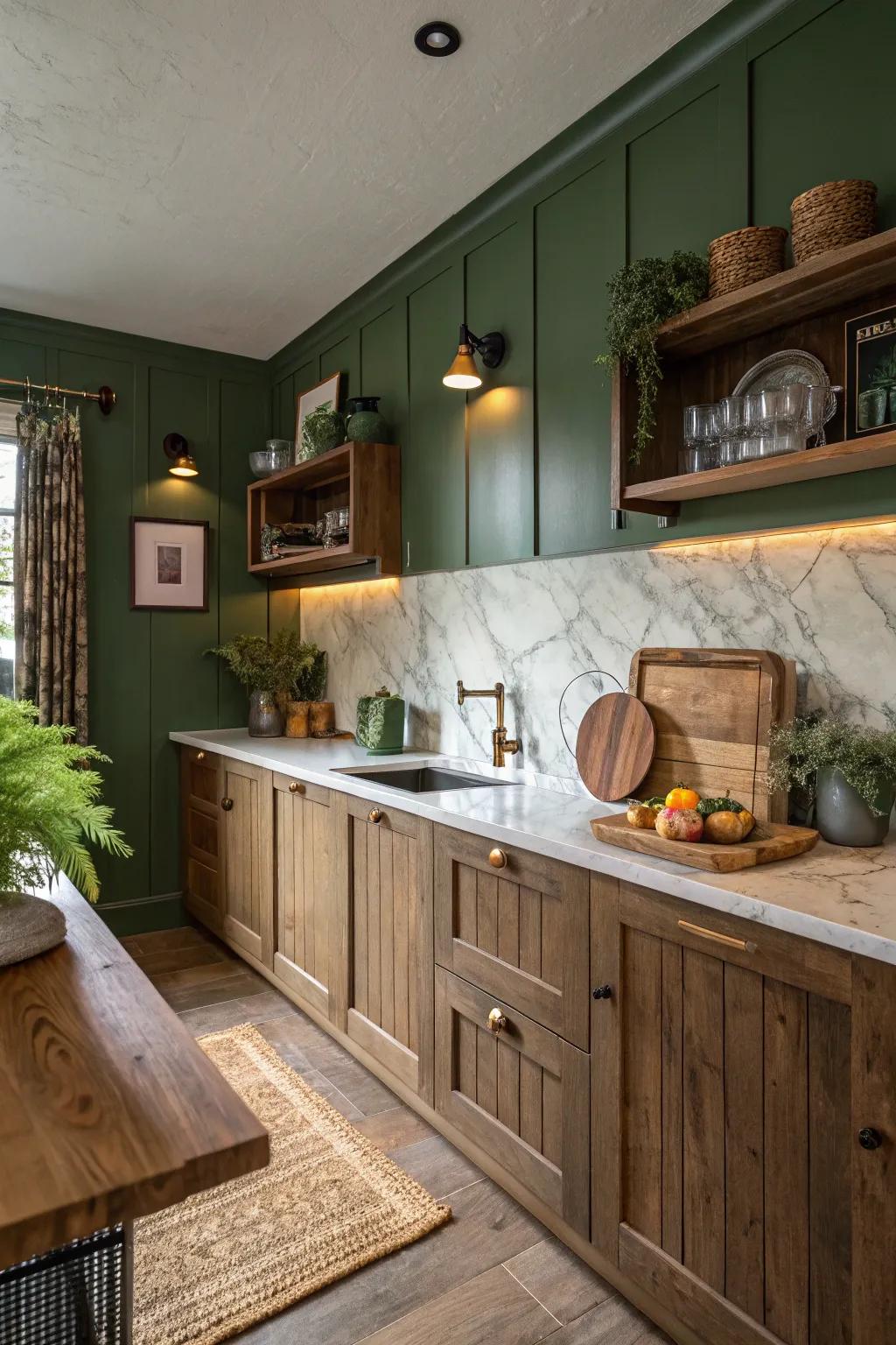 Olive green walls create a cozy and earthy kitchen environment.