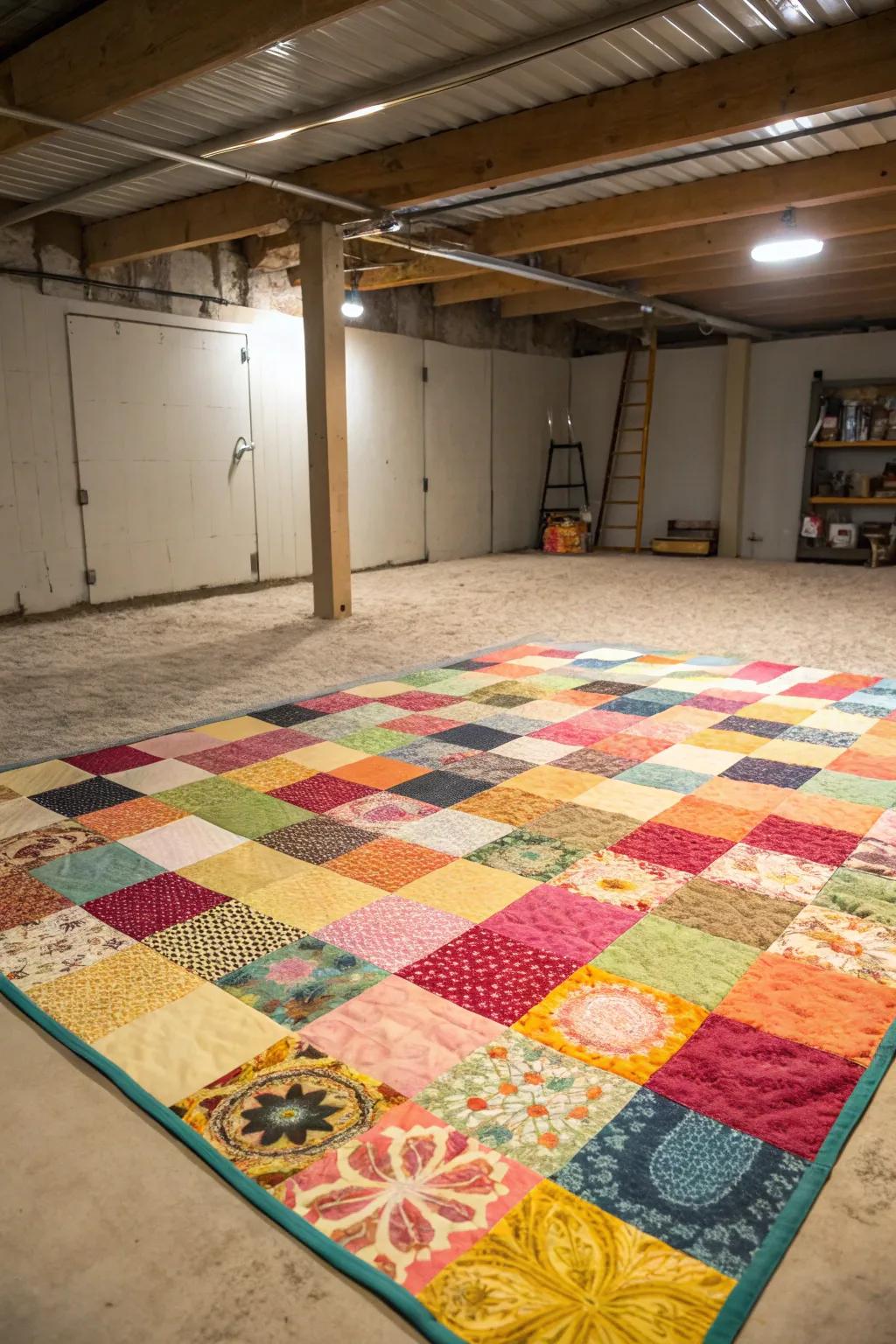 Patchwork designs add warmth and coziness to your basement.