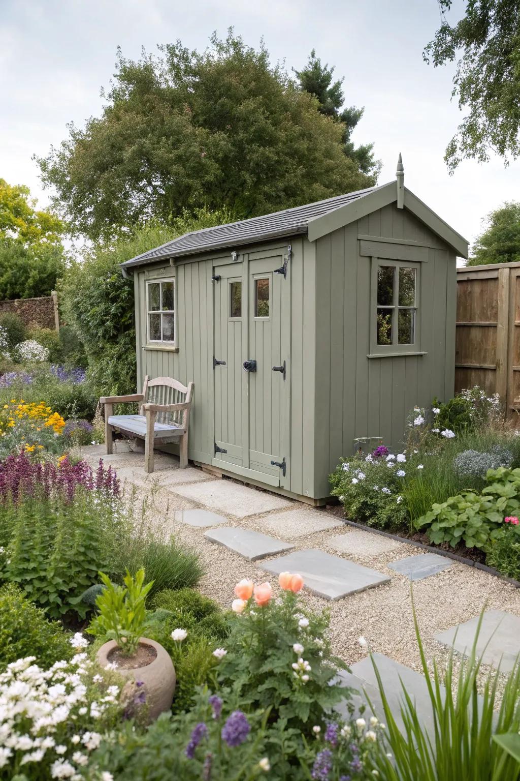 A versatile shed in mushroom grey, adaptable to any garden style.