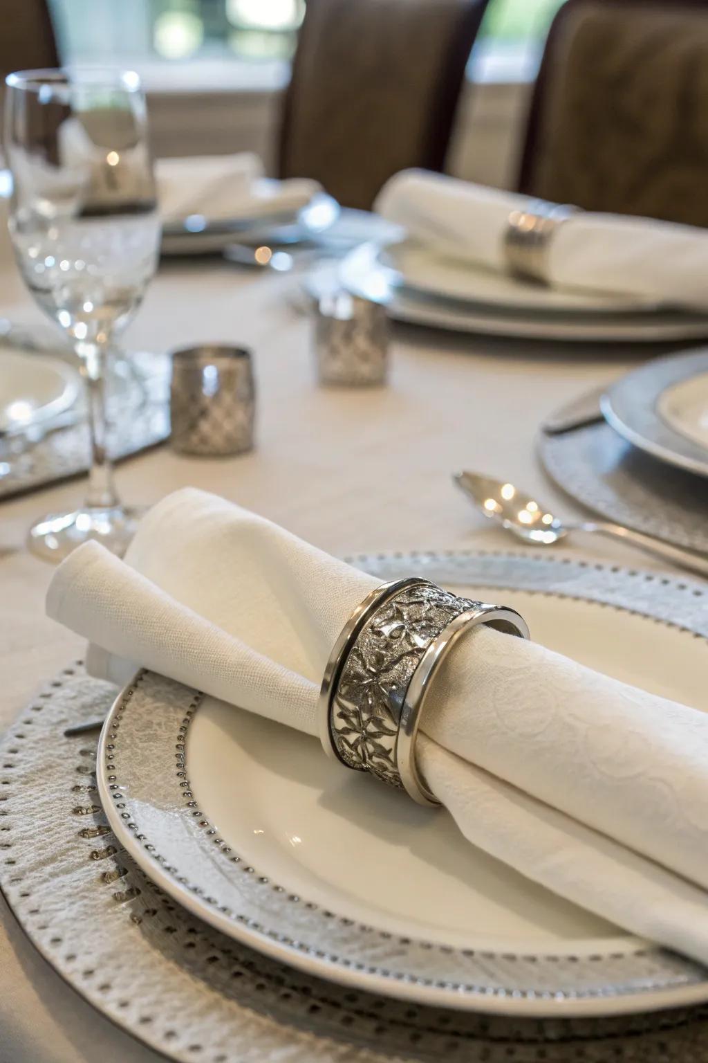 Pewter napkin rings add sophistication to dining settings.