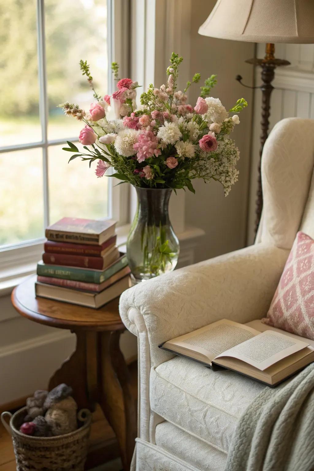 A refreshing floral touch that enhances the reading nook.