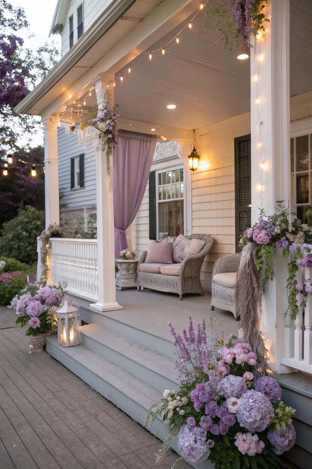 Subtle lavender provides a calming and elegant backdrop for this unique porch.