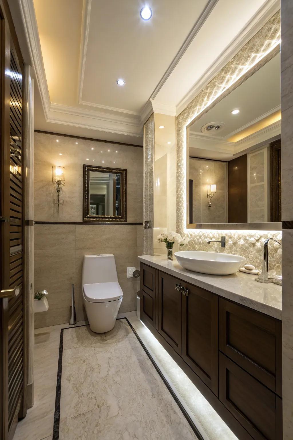 Recessed lighting adds elegance to the toilet area.