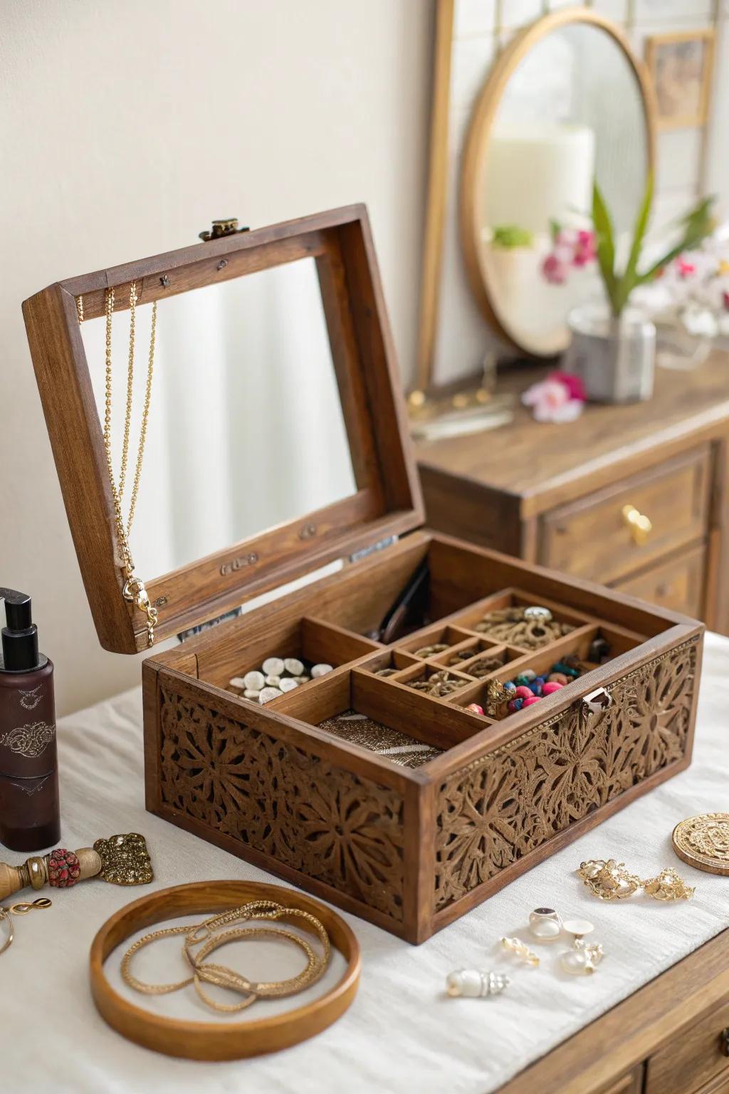 Store your treasures in a stylish wooden jewelry box.