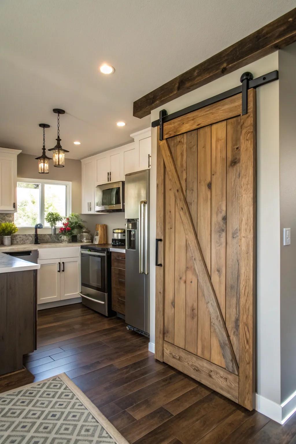 A sliding barn door in a small kitchen saves space and adds rustic charm.