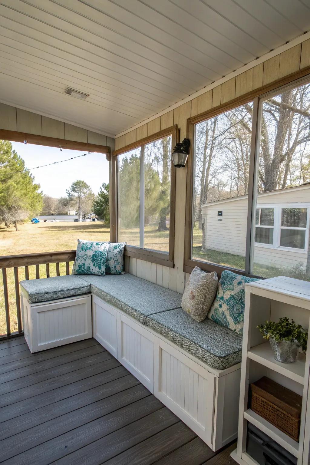 A built-in bench provides practical seating and storage solutions for your porch.