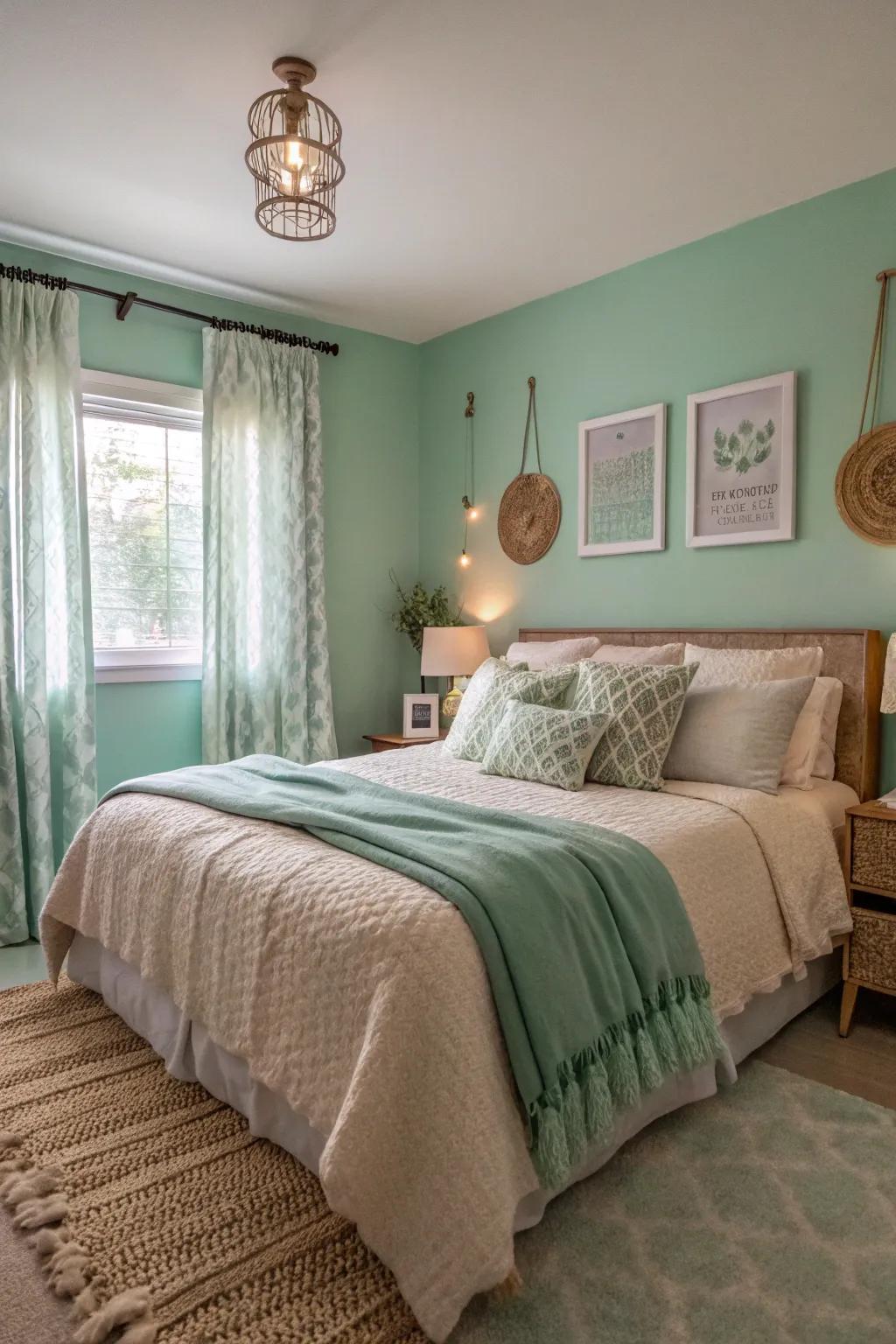 A serene bedroom retreat with calming seafoam green walls.