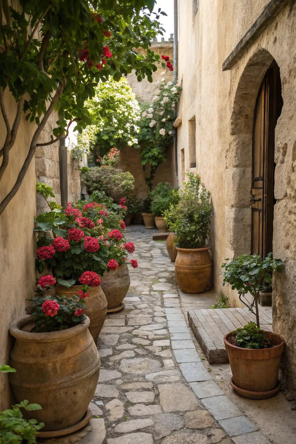 A small courtyard with rustic pots filled with blooming plants.