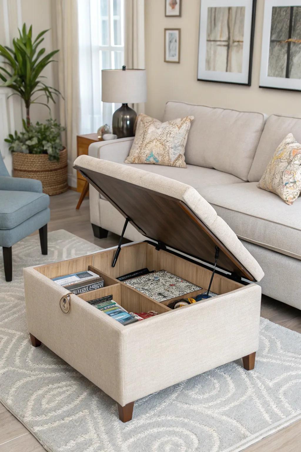 A storage ottoman offers hidden storage for puzzles while doubling as seating.