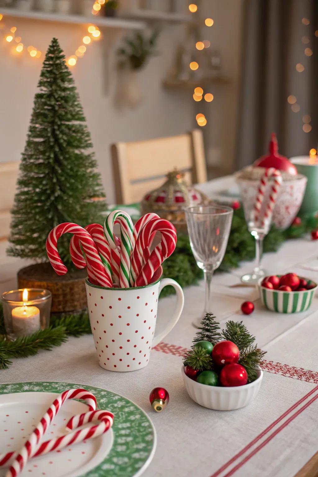 Candy canes add a playful and nostalgic element to the festive table.