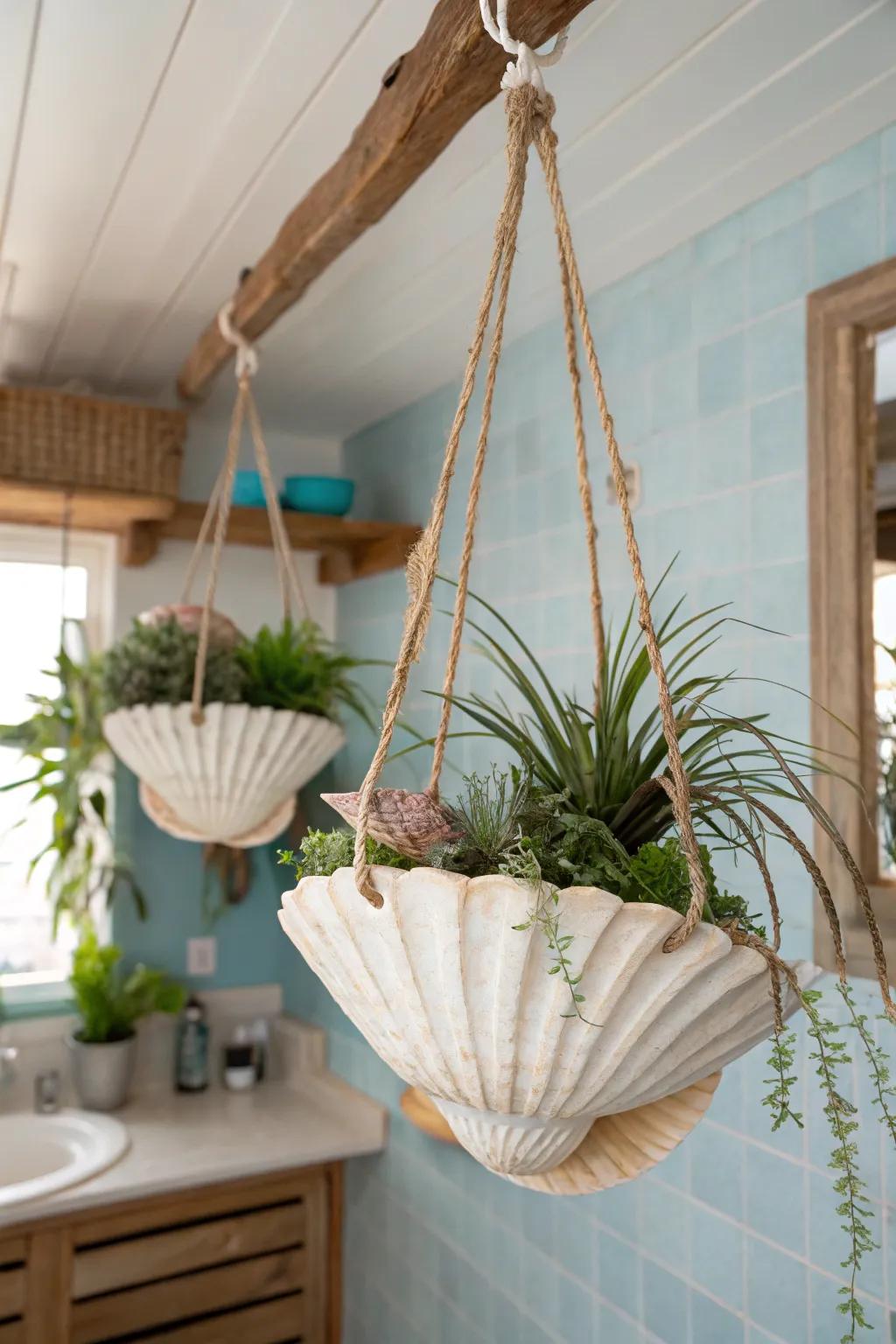 Seashells add a coastal touch as unique hanging planters.