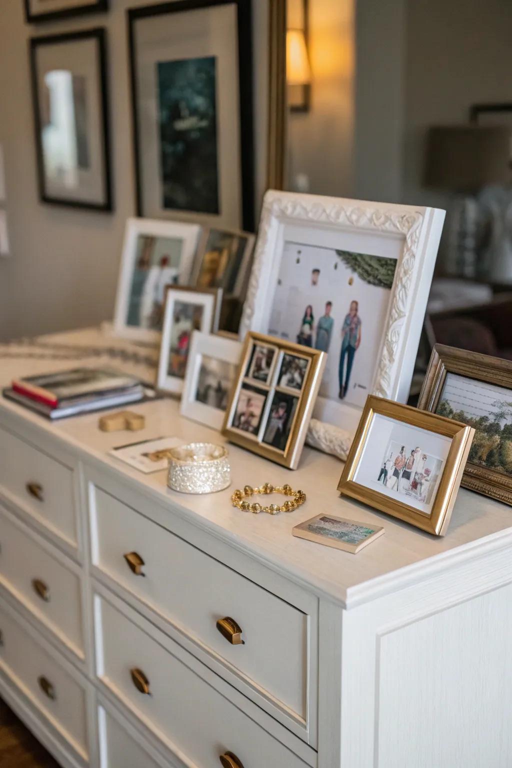 The dresser top serves as a personal display area for cherished items.