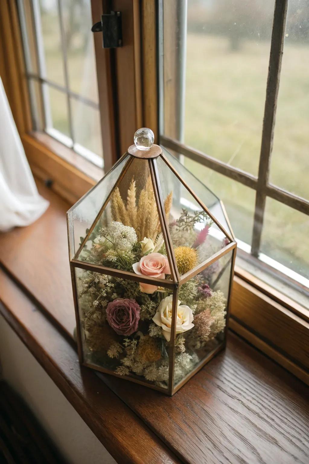 A glass terrarium featuring dried flowers from a wedding bouquet, beautifully displayed on a windowsill.