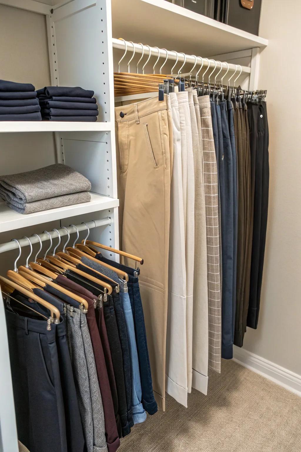 Multi-tier hangers maximize vertical hanging space.