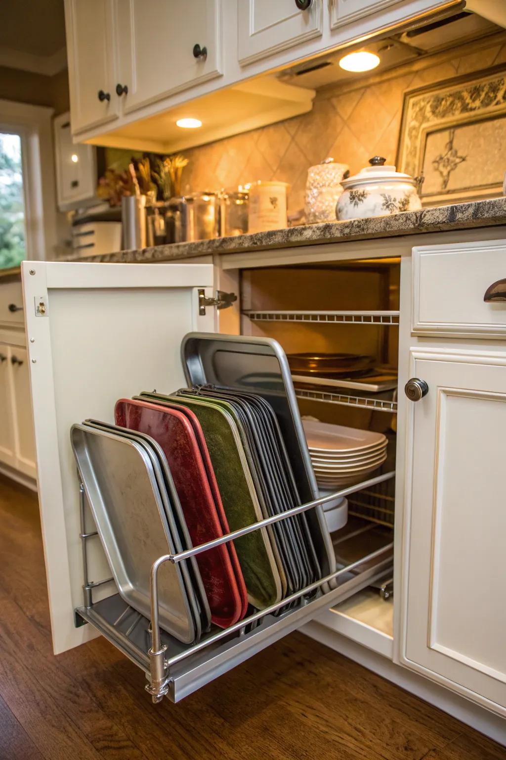 Tension rods provide simple and effective cabinet organization.