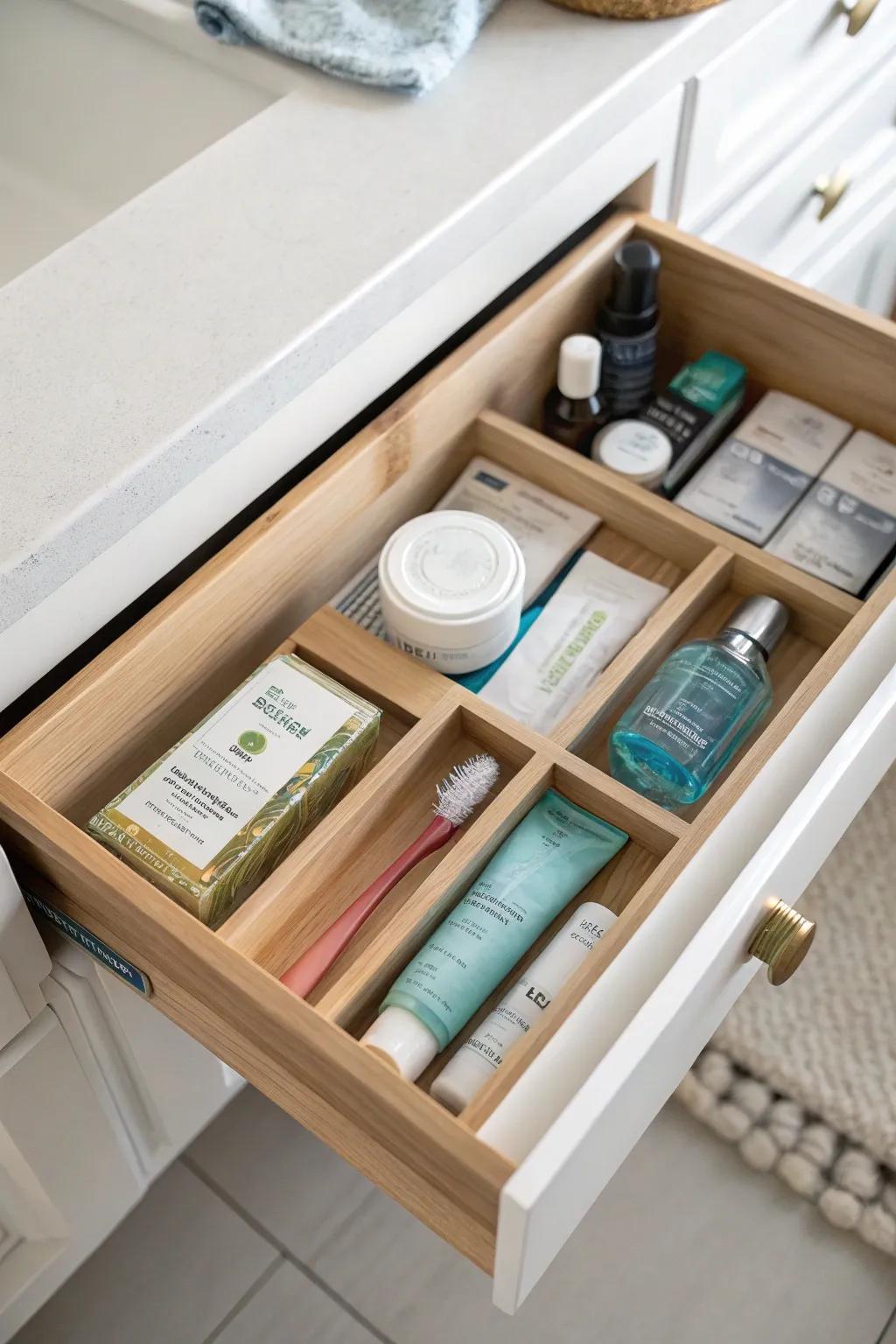 A bathroom drawer with items stored without excess packaging to maximize space.