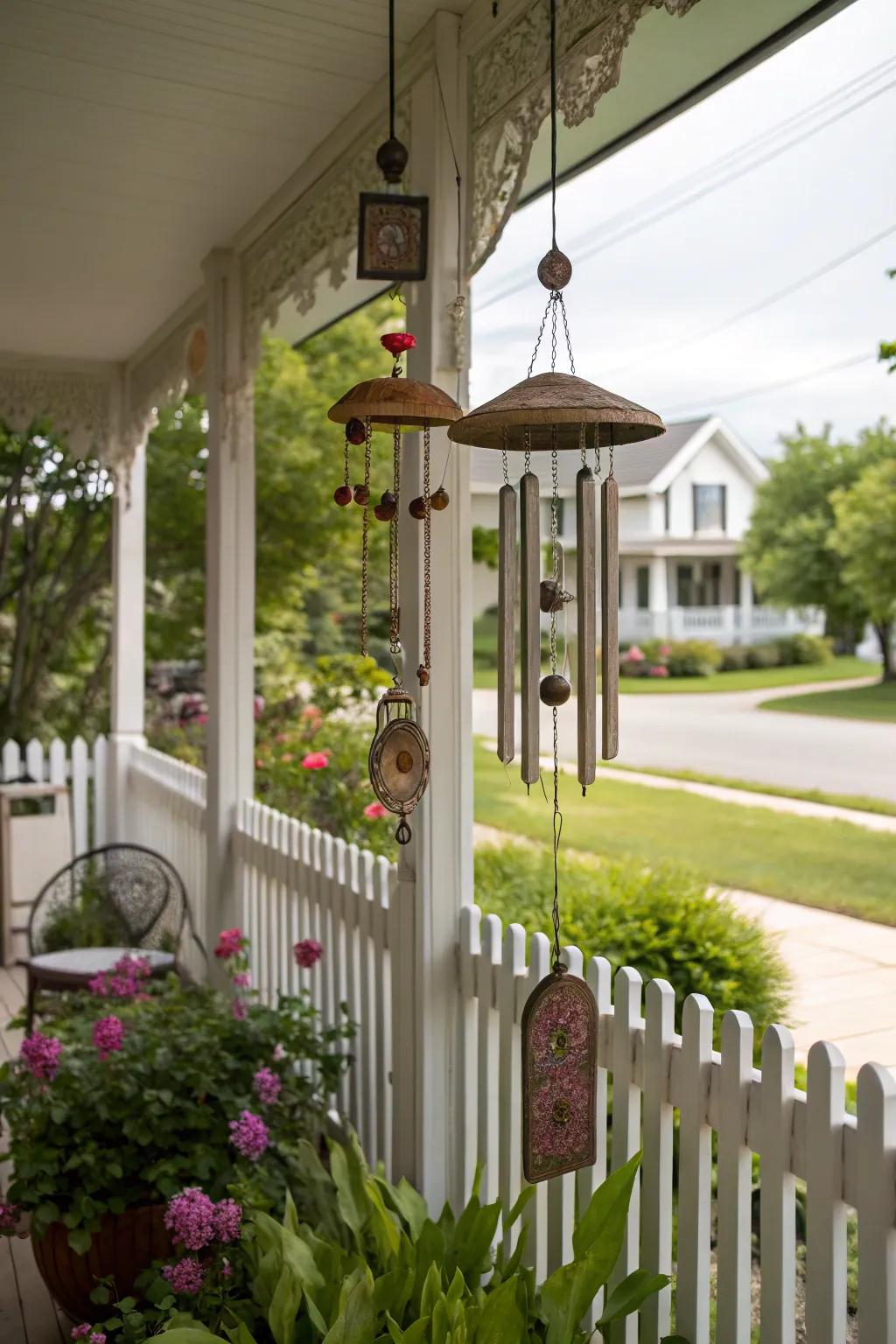 Wind chimes add a musical touch to outdoor spaces.