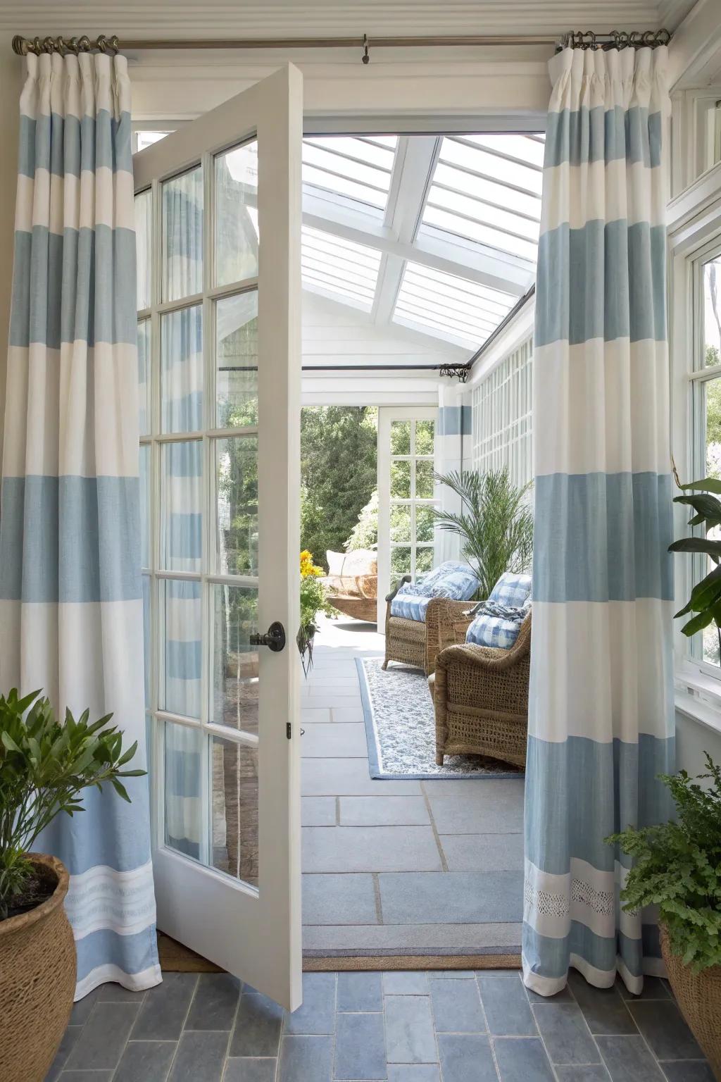 Coastal stripes invite a seaside relaxation vibe.