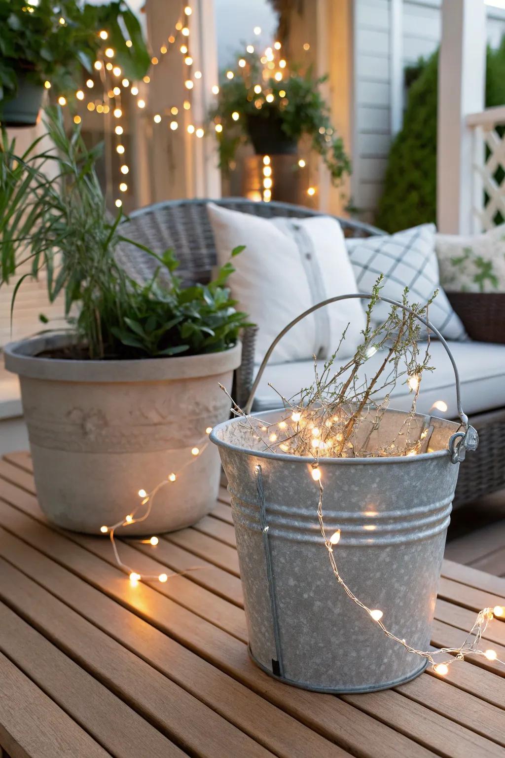 A galvanized bucket adds warmth and light to patio decor.